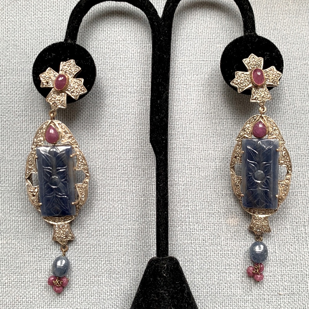 925 Silver Carved Sapphire Ruby rose cut diamonds earrings